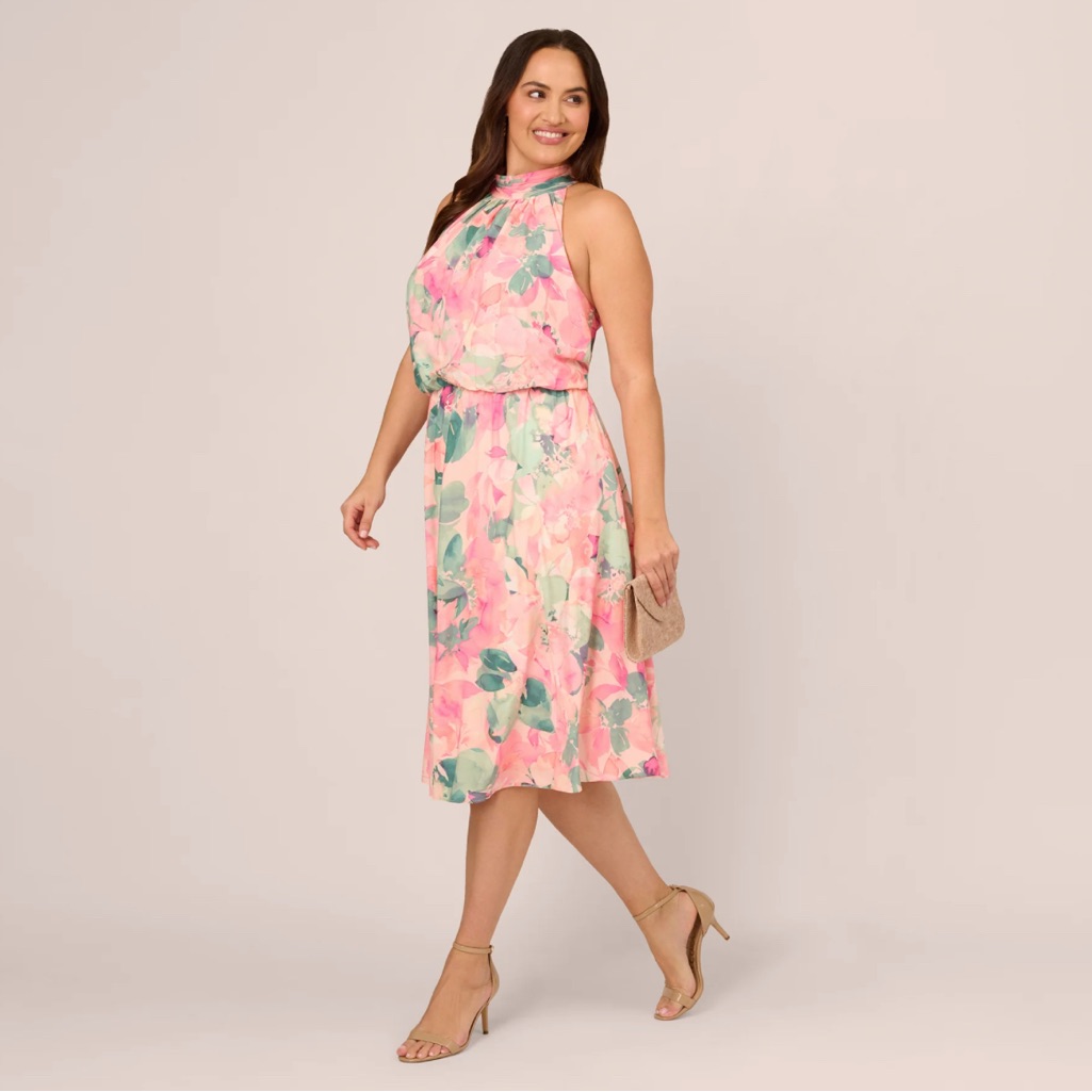 Nwt Adrianna Papell Floral Print Chiffon Halter Midi Dress Mock Neck Blush 14 W
